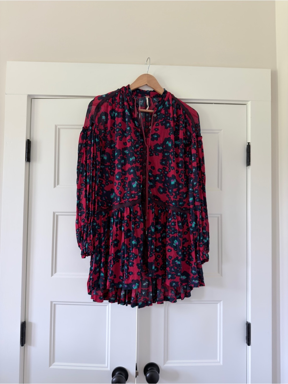 READ Free People Red Cheetah Leopard Sheer Long Sleeve Peasant Tunic Tie XS